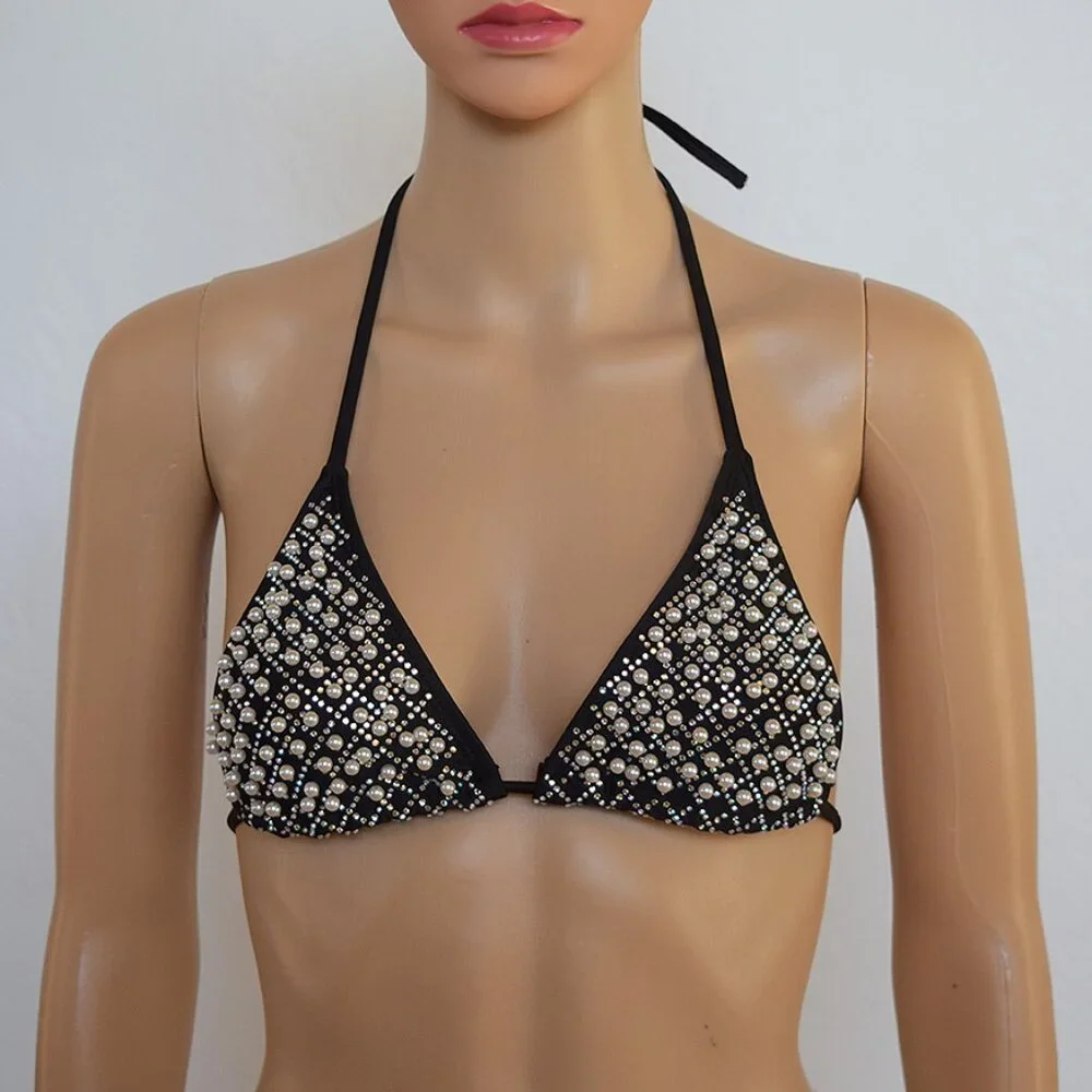 Rhinestone & Pearl Triangle Bikini Top / Size XS